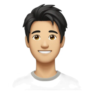 guy, black hair, medium length hair, in his 20s, very asian, smiling, t-shirt only, slight brown skin,  sticker