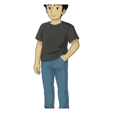 man, casual pose, black hair, jeans, black t-shirt, transparent background, ghibli style sticker