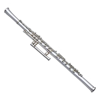 Create an elegant and refined emoji representing a classical silver flute. The design should showcase the sleek, polished silver body of the flute with its keywork and tone holes clearly visible. Highlight the smooth, straight shape of the instrument with subtle light reflections on its metal surface. The keys should be delicately detailed, with their small, round pads visible. Add a slight shine to the flute’s surface to reflect its high-quality craftsmanship. Optionally, include subtle musical notes floating around the flute to evoke its light, melodic sound. The background should be transparent. sticker