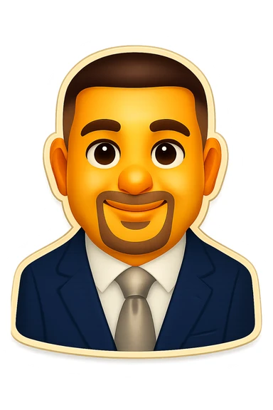 Turn this person into a friendly emoji character with a nice, warm smile. Keep the features recognizable and the style simple and inviting in the retro stickers style. sticker