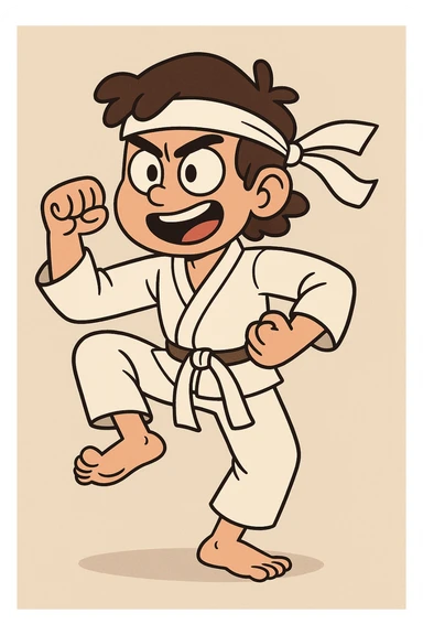 karate kid in a classic martial arts pose, headband, white gi, energetic expression, cartoon style sticker