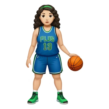 full body plus size light skin latino women basketball player with wavy dark hair large widenose wearing blue and green uniform sticker