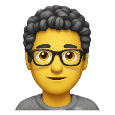 White man with yellow tinted glasses and black hair in a gray jumper and sitting on a chair sticker