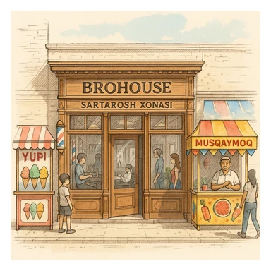 brohouse sartarosh xonasini chizib ber tashqaridan va uning yonida yupi va musqaymoq sotadigan lavkalar bulsin sticker