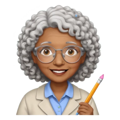 old woman teacher, brown skin, curly grey white hai, wearing glasses, hold chalk on hand sticker