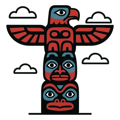 minimalist logo for Totemism inspired by traditional totem poles, stylized eagle and stacked animal shapes, geometric lines and bold tribal patterns in red black white and blue, simple modern design suitable for branding honoring indigenous heritage sticker