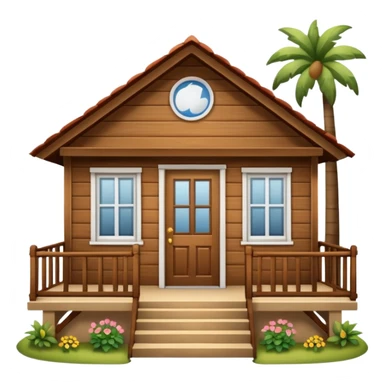 A wooden house typical of Puerto Rican rural neighborhoods, with a simple and cozy design featuring a central functional door, two symmetrical windows, a front porch with open railings, and space for a rocking chair. Emoji style, brown and wooden. sticker