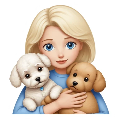 Blonde blue-eyed mother hugs two dogs, a Bichon Frise and a Teddy sticker