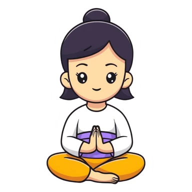 White girl with black hair in meditation pose, peaceful self care wellness moment sticker