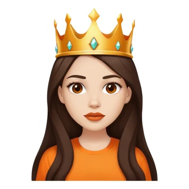 a White beautiful girl white natural lipstick and long dark brown hair, and orange shirt and a crown sticker