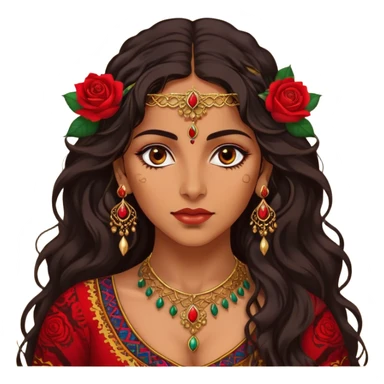 A beautiful Romani woman with deep, expressive eyes and long, wavy dark hair. She wears a vibrant, traditional outfit with intricate patterns and golden jewelry. A red rose is tucked behind her ear, adding a touch of elegance. Her expression is confident and mysterious, as she stands under the warm glow of lanterns, evoking a sense of freedom and passion sticker