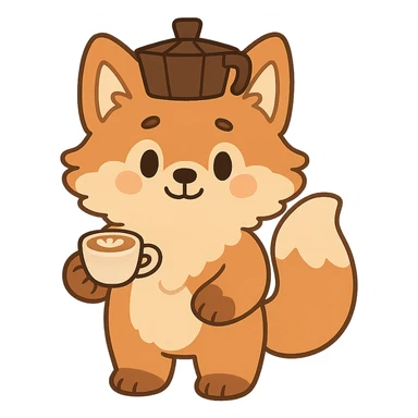 cute soft fluffy coffee maker fox, holding a tiny latte cup, brown and beige pastel, full-body sticker