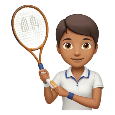 Chindian tennis coach, caramel brown skin, short straight hair, oval face, small eyes, smiling, holding a tennis racket sticker