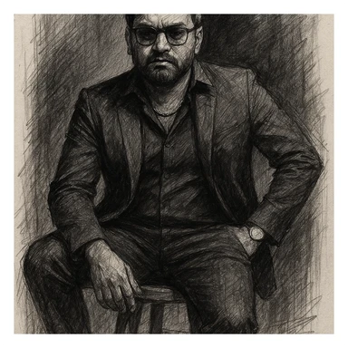 Create a dramatic black and white pencil sketch portrait of a confident looking man using the reference image for facial features. He is sitting on a wooden stool against a dark studio background, wearing a well-fitted, all-black suit with a black shirt and black pants, a golden chain at the neck, and a small silver watch. The shirt is slightly unbuttoned at the top. His posture is relaxed yet dominant, with one arm resting on his leg and the other in his pant pocket. The lighting is soft but directional, exuding a moody and powerful aura. sticker