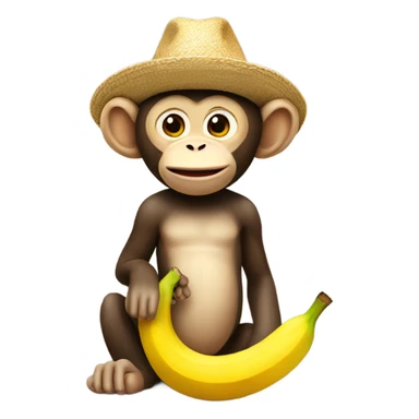 Monkey wearing a straw hat, holding a banana sticker