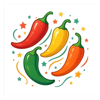 group of multicolored chili peppers with small stars flying around them, festive style sticker