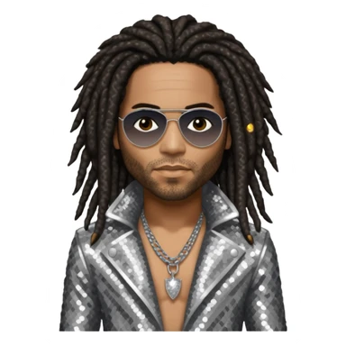 Lenny Kravitz with long dark brown dreadlocks, silver sequin outfit sticker