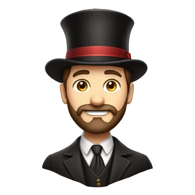 Emoji of a confident man with a neatly groomed beard and styled brown hair, wearing a magician's hat. Simple and expressive design with clean details, capturing charm and elegance. sticker