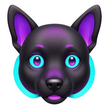 futuristic glowing black dog emoji, neon cyan eyes, purple #8B5CF6 highlights, tech minimal style, dark background sticker