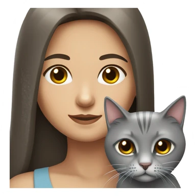 Brunette girl with straight long hair with braun eyes with grey cat sticker