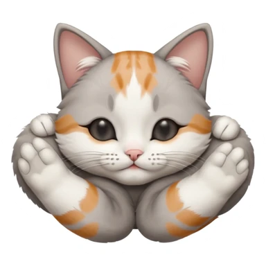 grey and white small cat with eyes closed lying down upside down with its paws/arms tightly covering its own face sticker