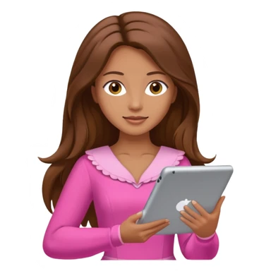 woman with brown long hair and pink costume with tablet sticker