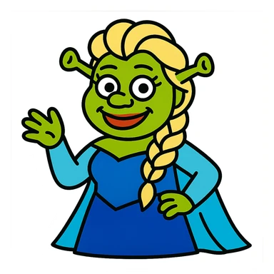 whimsical and fun character combining Elsa and Shrek as a single character sticker