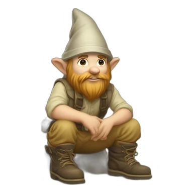 side angle of gnome with light tan pants and light tan boots squatting in front of small brown log sticker
