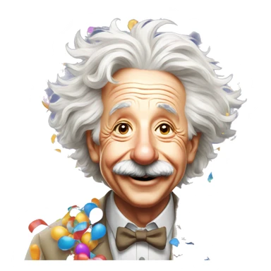 happy albert einstein with lots of colourful confetti and party balloons sticker