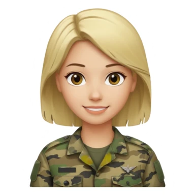 Apple-style emoji: female soldier, bust, no cap/helmet, friendly smile, generic camo top,  black color blonde hair sticker