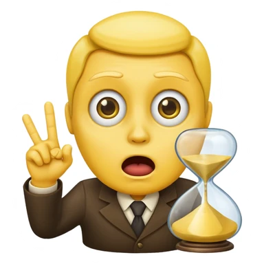 classic emoji style, yellow face with a finger raised as if saying 'wait', with a small hourglass, no text sticker
