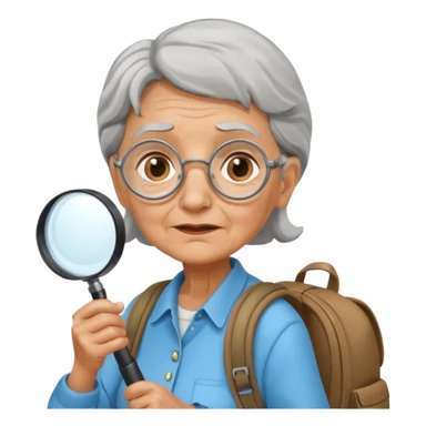 Explorer old woman with magnifying glass and backpack sticker