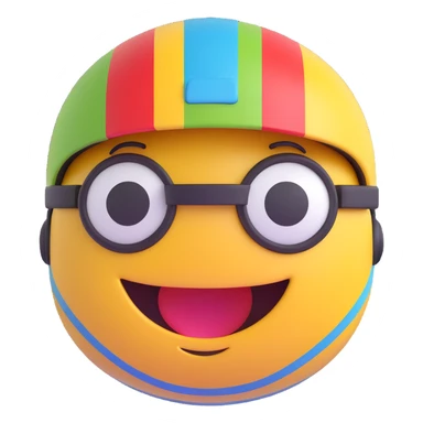 3D smiley emoji, round shape, motorcyclist with colorful striped helmet: striped helmet, smiling face sticker