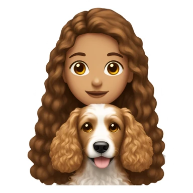 A girl with really long brown hair brown eyes holding a golden doodle dog sticker