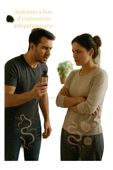 A highly realistic, cinematic photo of a young couple in their early 30s having an argument in a bright modern kitchen. The man, athletic build, wearing a casual T-shirt and jeans, is speaking firmly with a raised hand holding a small amber glass bottle labeled with a subtle herbal symbol, saying 'Andiamo a fare il trattamento antiparassitario' with a determined expression. The woman, with long dark hair tied in a messy bun, casual home outfit, crosses her arms with an angry, defensive expression, replying 'Ti ho detto di no! Io non ci credo!' while slightly turning away. Tension is visible in their body language, with the man leaning forward trying to explain and the woman leaning back, her eyebrows furrowed. Around them, subtle ghostly overlays of microscopic parasites are faintly visible near their abdominal areas, symbolizing the hidden reason for the argument. The kitchen is bright and modern with plants and natural light, contrasting the emotional tension. The style is hyperrealistic with warm tones and shallow depth of field focusing on their facial expressions, illustrating the conflict between belief in natural treatments and skepticism within the couple regarding hidden parasitic infections. in italiano sticker
