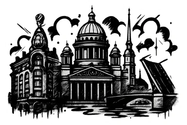 Сделай png рисунок Санкт-Петербурга в стиле граффити. Граффити черно-белое. Надписи не делай.  sticker