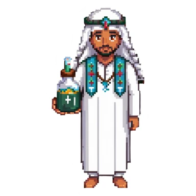 Arab man with traditional headdress holding medicine sticker
