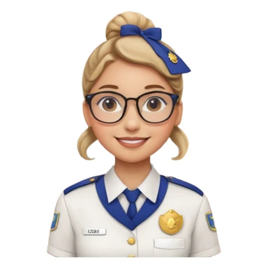 Reception Young girl, bun hair, wearing uniform of reception with hotel name badge, glasses, stand behind the desk

 sticker