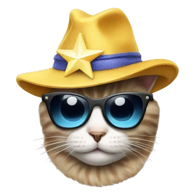 cat wearing sunglasses and a star hat sticker