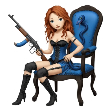 realistic cinematic Tori Amos sits on a rocking chair in a torn corset, holding an antique rifle and her bare feet are muddy. A blue snake is wrapped around the chair. sticker