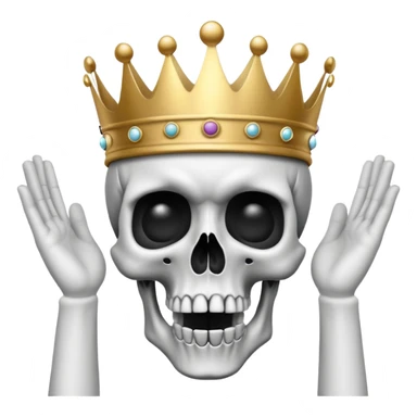 A shocked skull with a crown on top, both hands raised pressing on its head in disbelief, black and white sticker