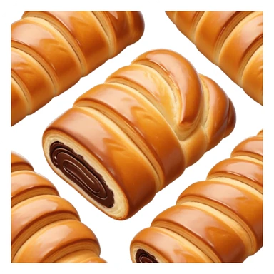 Cinematic warm pain au chocolat, flaky golden-brown pastry with a rich chocolate filling peeking through, perfectly crisp exterior, soft glowing highlights, inviting and indulgent. sticker