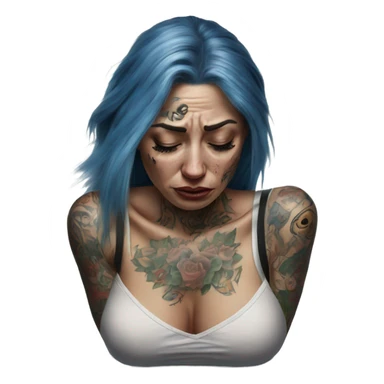 Hyper Realistic Beautiful tattooed woman crying sadly on the floor  sticker