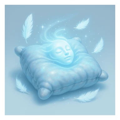mystical pillow shimmering with icy blue and silver, surrounded by glowing feathers and a frosty aura, gentle energy waves cradling a head evoking magical pain-free starlit sleep sticker