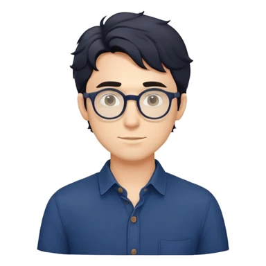 Young caucasian man with slightly longer wavy black hair, round glasses, torso only, wearing dark blue relaxed buttoned-up shirt sticker