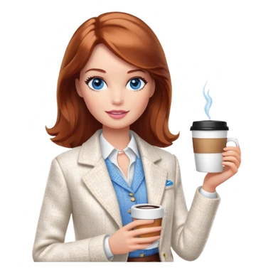 A Barbie girl with blue eyes, shoulder-length reddish-brown hair, made-up, wearing a white tweed jacket and a white skirt, with a glass of coffee in her hands sticker