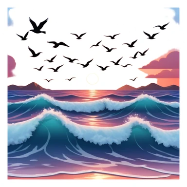 sunset over waves with birds flying overhead sticker