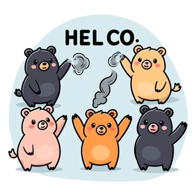 Create a pack of 9 hybrid bear pigs. Black fur, tan accents  blowing smoke, saying hello, in a dense fog, various other things.  sticker