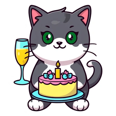 tricolor fluffy cat with big green eyes celebrating her birthday with a cake and champagne sticker
