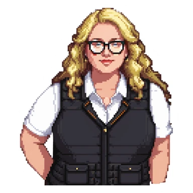 Plus size blonde person wearing glasses and a vest sticker